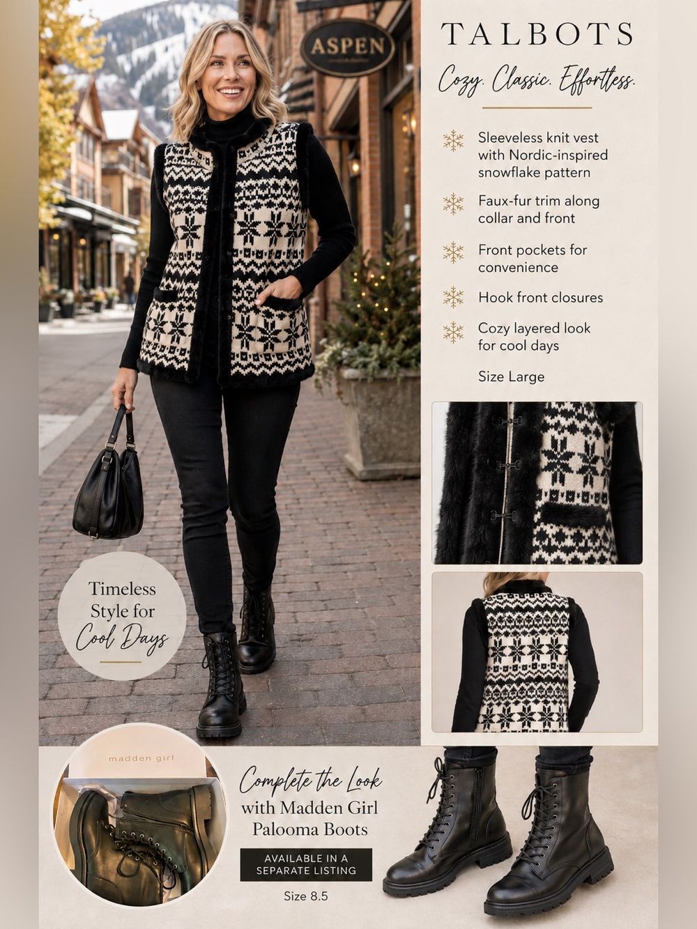 NWT Talbots Black and Cream Snowflake Knit Faux-Fur Trim Vest- Size Large